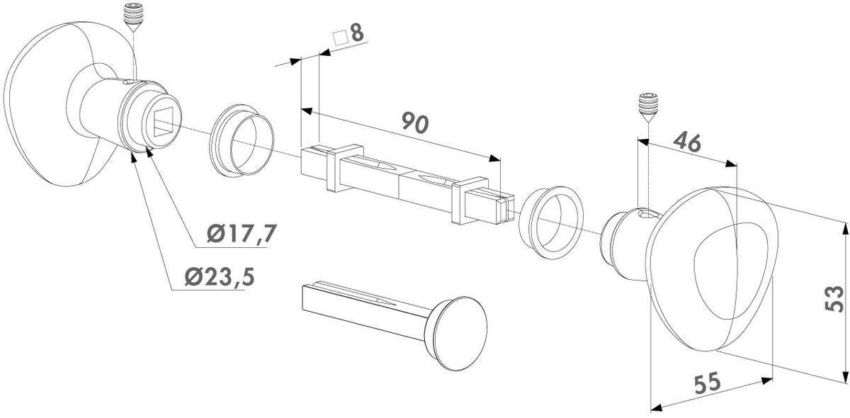 Locinox 3006KR rankenų su blokavimu brėžinys – kaištis 8x8x90 mm, rankenos 53x55 mm