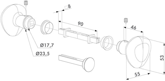 Locinox 3006KR rankenų su blokavimu brėžinys – kaištis 8x8x90 mm, rankenos 53x55 mm