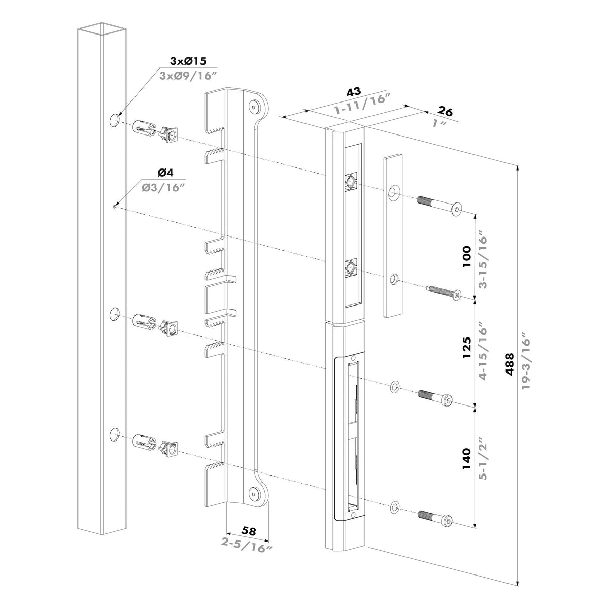 Locinox SFKO-V ir SFKO-V-5060 atramos-gaudytuvo matmenys ir montavimo schema